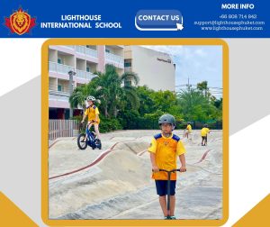 Students on bikes and scooters at the Youtopia skatepark