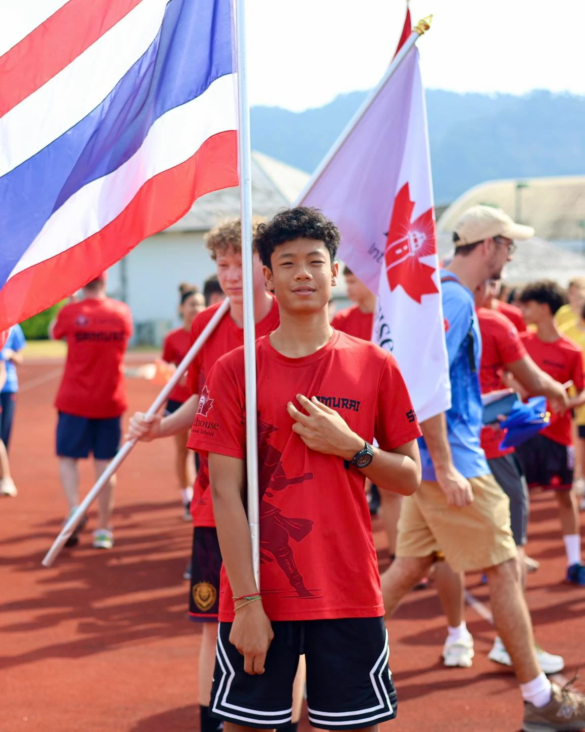 Student holding the flag