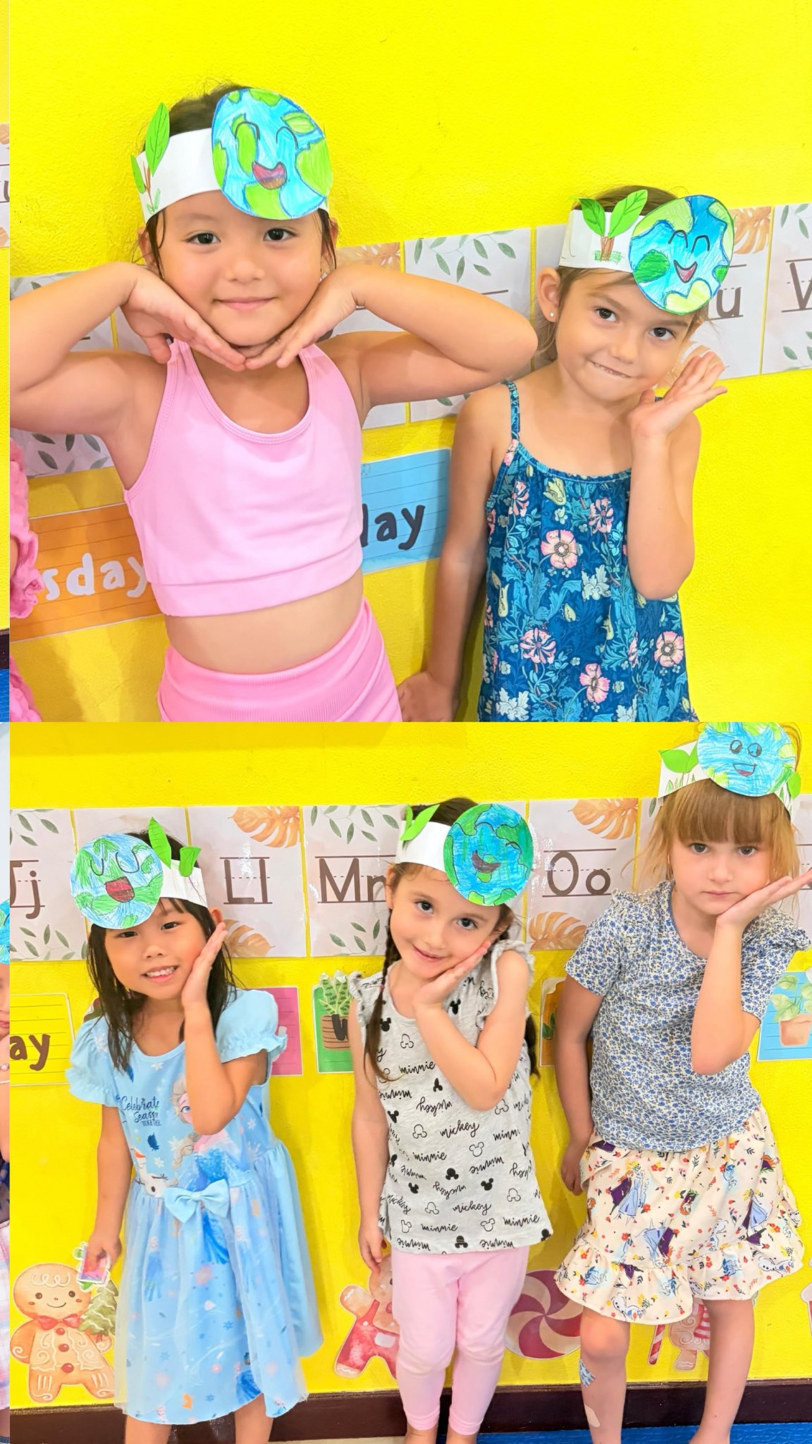 Kindergarten students wearing earth headbands