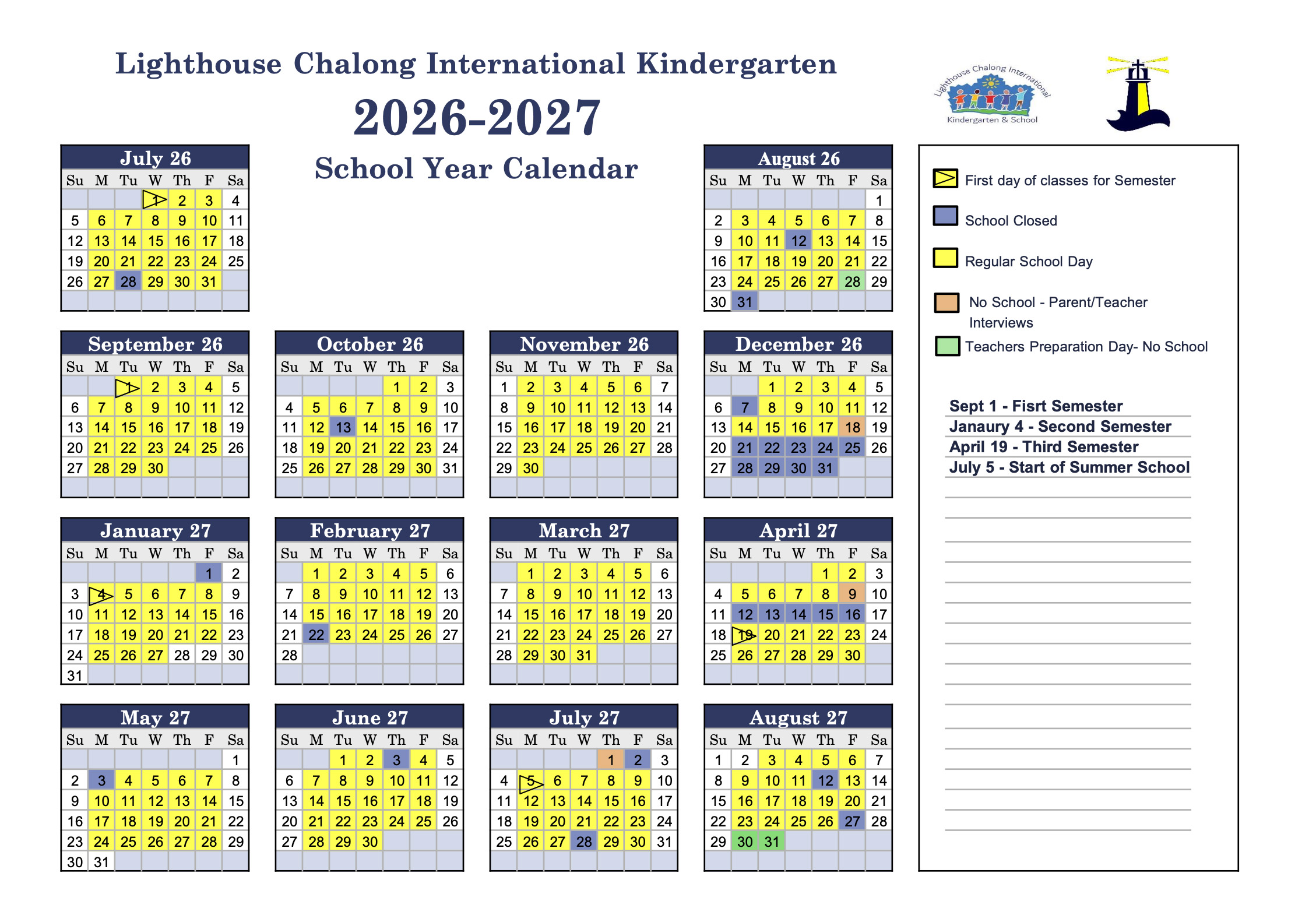 Lighthouse Kindergarten Chalong Calendar 2026-2027